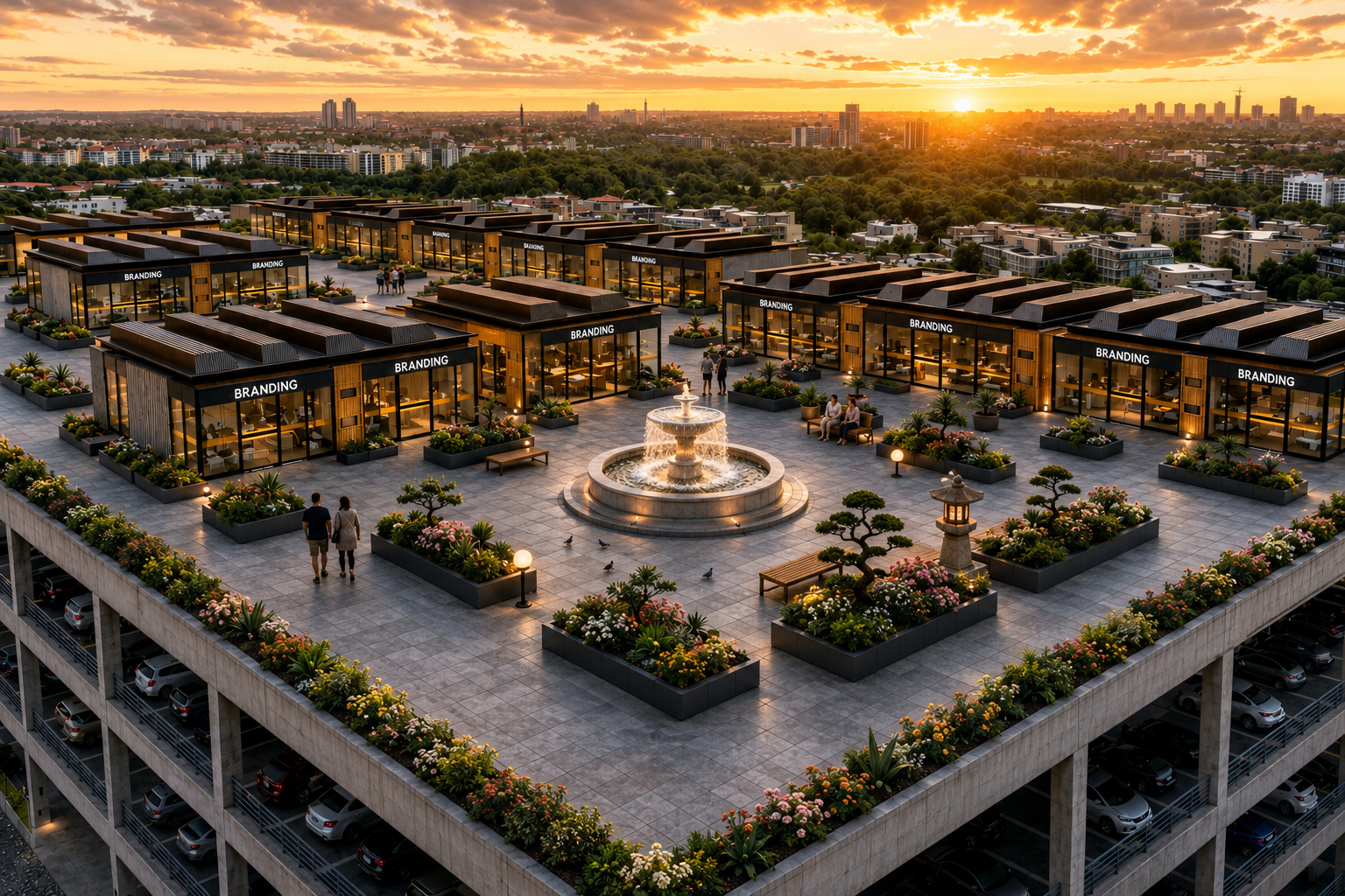 Aerial view of a modern rooftop retail activation with modular storefronts, fountain, landscaping, parking garage, and city skyline